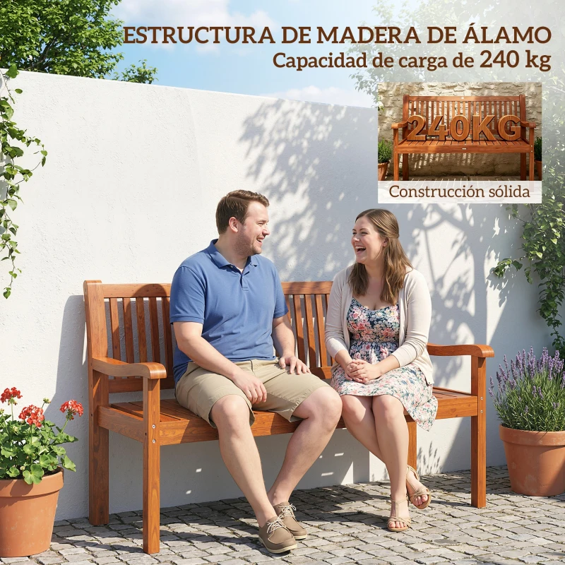 Outsunny Banco de Jardín Madera Banco de Exterior 2 Plazas con Funda Impermeable Respaldo Ergonómico 125x62x90 cm Marrón Claro