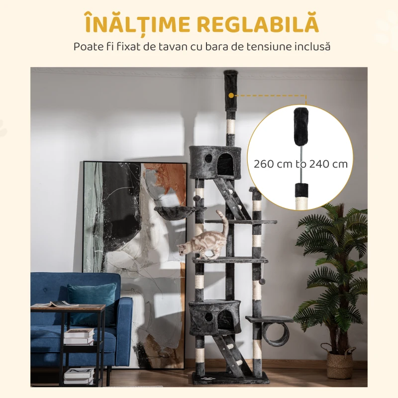 PawHut Ansamblu de Joacă pentru Pisici, montabil pe Tavan, cu Mai Multe Niveluri, Înălțime Reglabilă 240-260 cm, cu Căsuțe și Scări, Gri