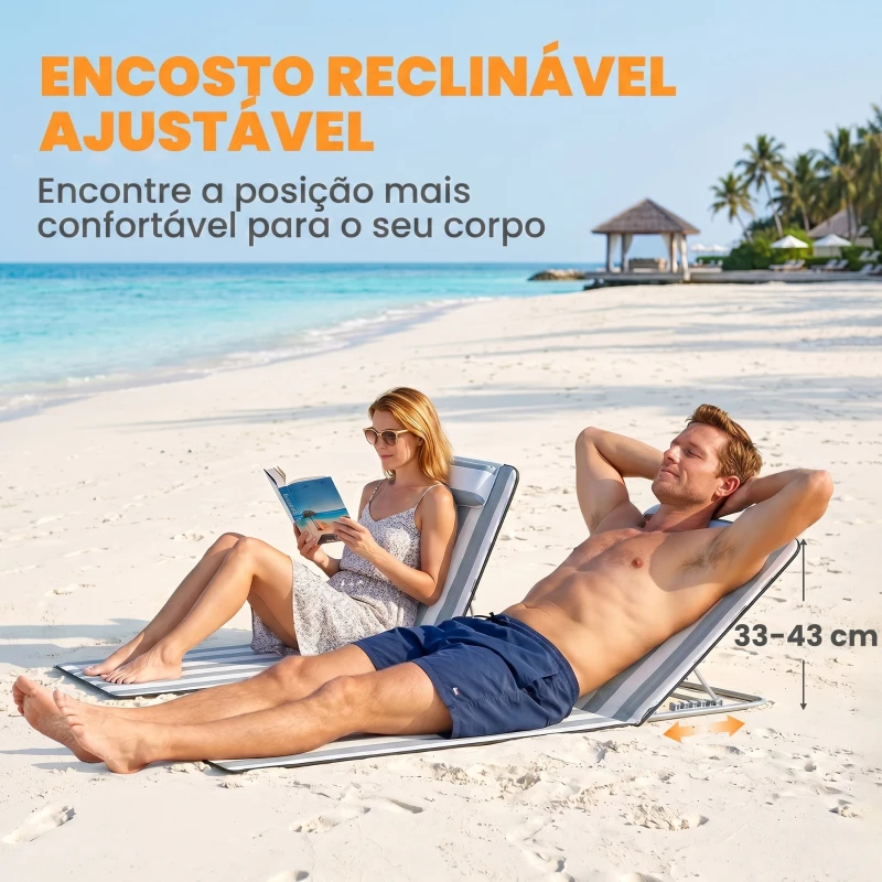 Outsunny Conjunto de 2 Esteiras de Praia com Encosto Reclinável em 5 Níveis Bolsa de Transporte e Apoio de Cabeça 48x134x33-43 cm Branco e Cinzento