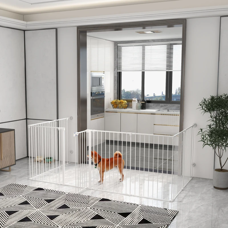 PawHut 2-in-1 Puppyren en Barrière, 8 Panelen, Vergrendelbare Deur, Staal, 90 cm Hoog, Wit(m-2)