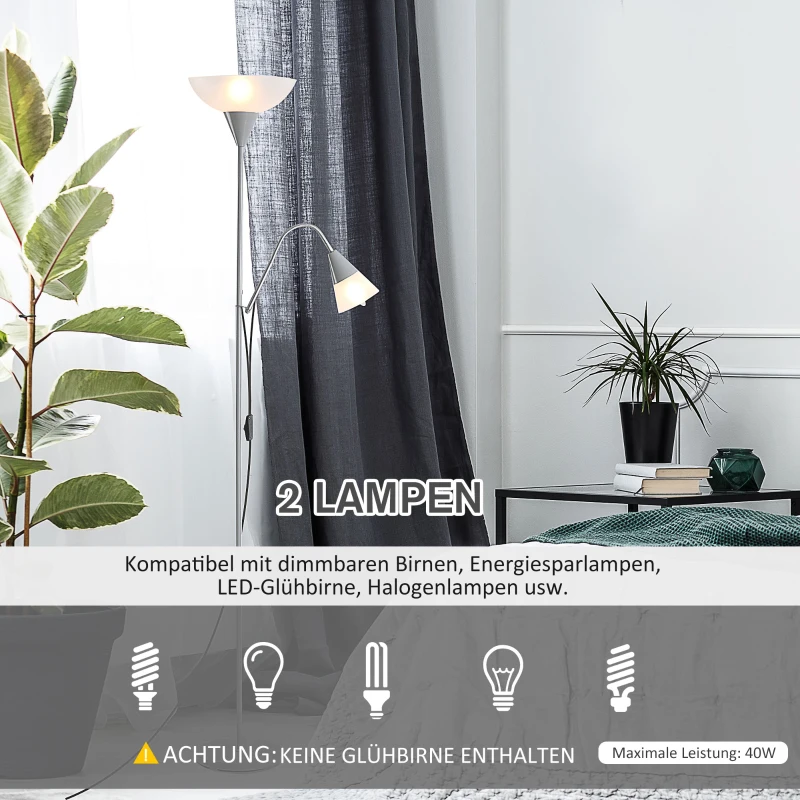HOMCOM moderne staande lamp 2 koppen verstelbare leeslamp, vloerlamp, ontwerp met dubbele kop en stalen voet, zilver, wit, 28 x 28 x 179,5 cm