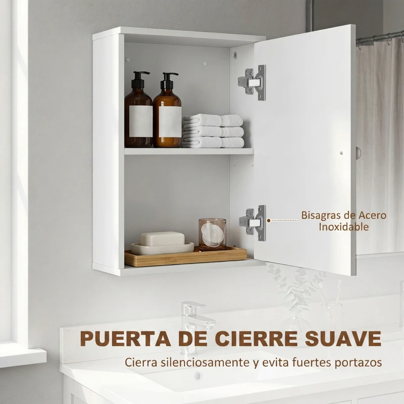 HOMCOM Armario de Baño de Pared Puerta con Cierre Suave Estante Ajustable para Cocina Lavadero 30x14x50 cm Blanco