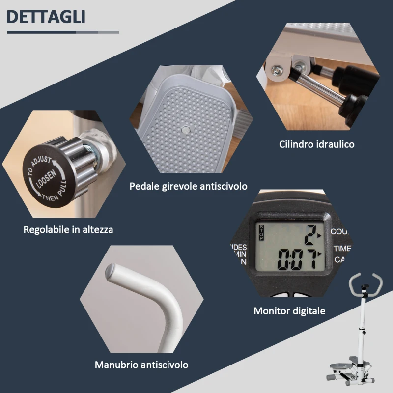 HOMCOM Stepper con Monitor LCD, Manubrio Regolabile ed Elastici, in Acciaio e ABS, Bianco e Grigio