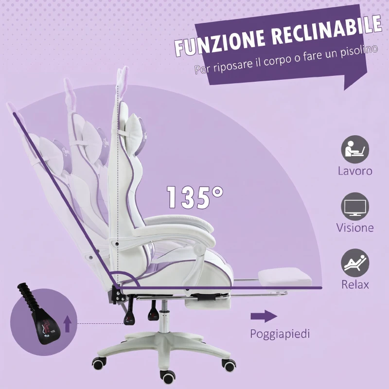 Vinsetto Sedia Gaming con Orecchie da Coniglio, Poggiapiedi, Cuscini, Reclinabile e Altezza Regolabile, Viola