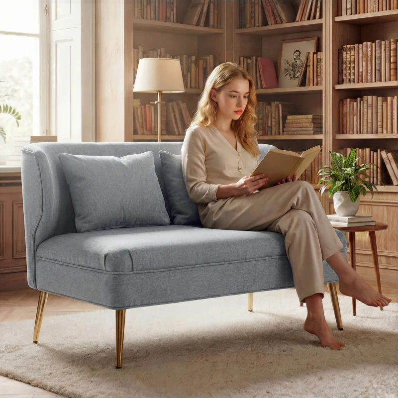 HOMCOM 2 Seater Sofa, Linen-look Fabric Small Sofa with Wing Back, Thick Seat, Metal Legs, Light Grey