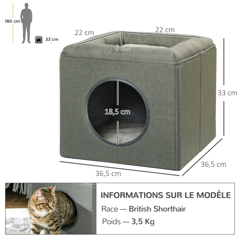 PawHut Maison niche pour chat 2 niveaux avec coussin moelleux en peluche - 36,5 x 36,5 x 33 cm gris