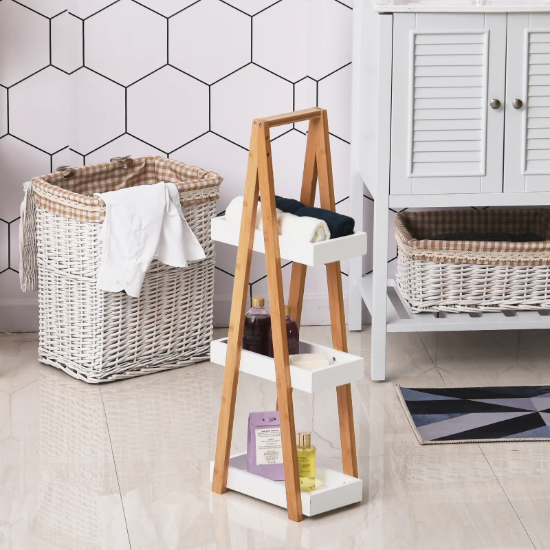 kleankin Estantería de Baño de Bambú con 3 Estantes Estantería de Almacenaje Estantería de Madera en Forma de A 30x18x81 cm Natural y Blanco