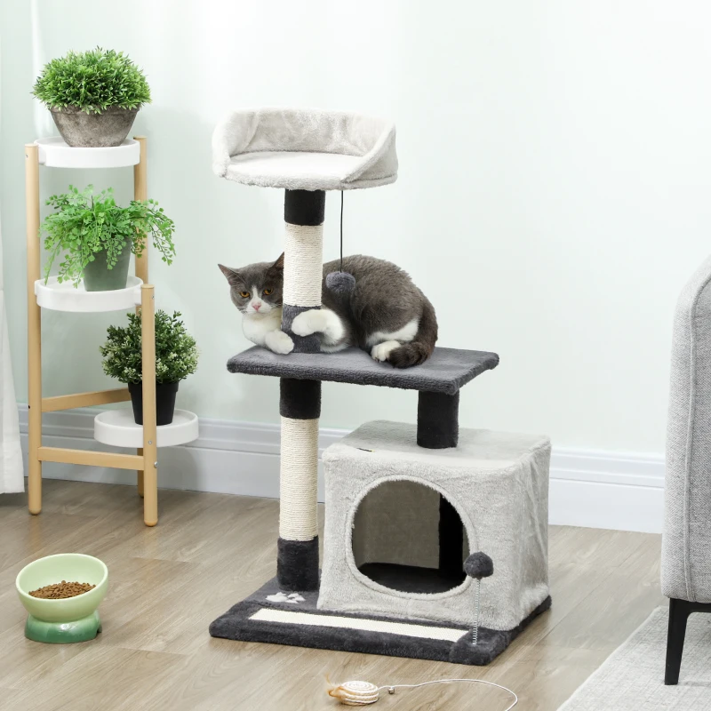 PawHut Albero Tiragraffi per Gatti Alto 85 cm con Casetta, Lettino, Pali e Tappetino Tiragraffi, Grigio