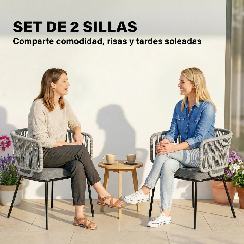 Outsunny Set de 2 Sillas de Jardín Exterior de Ratán con Cojines Reposabrazos y Marco de Acero para Terraza 46x58x72 cm Gris