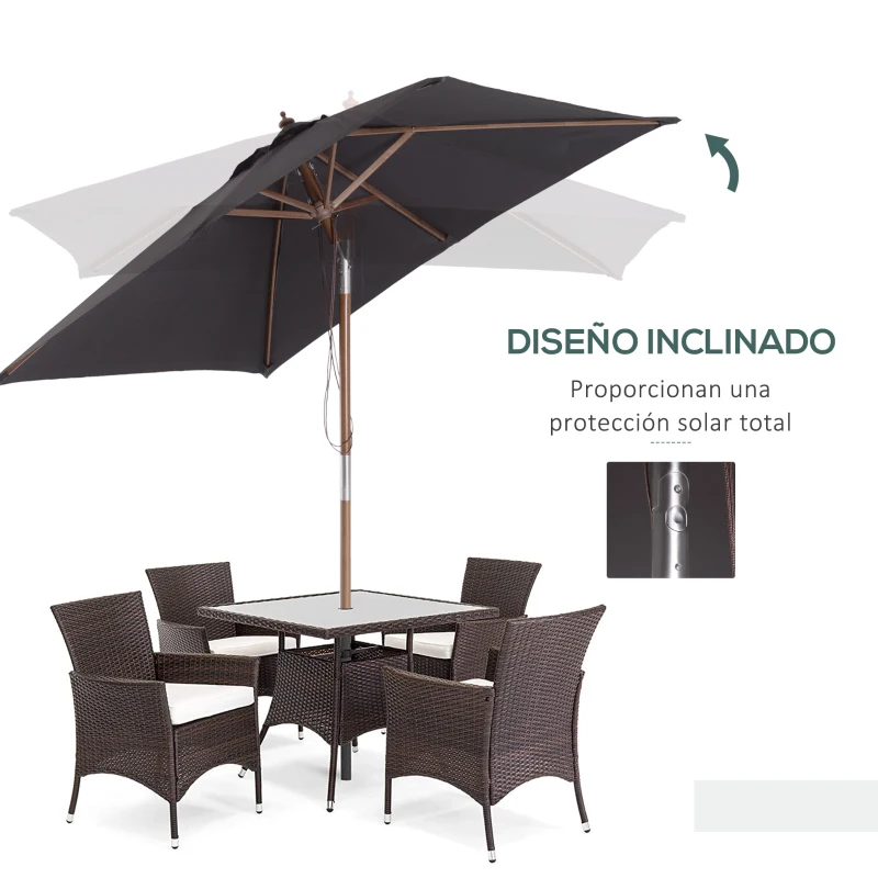 Outsunny Sombrilla de Jardín Rectangular 200x150x235 cm Inclinable con Anti-UV y Poste de Madera para Terraza Patio Gris Oscuro