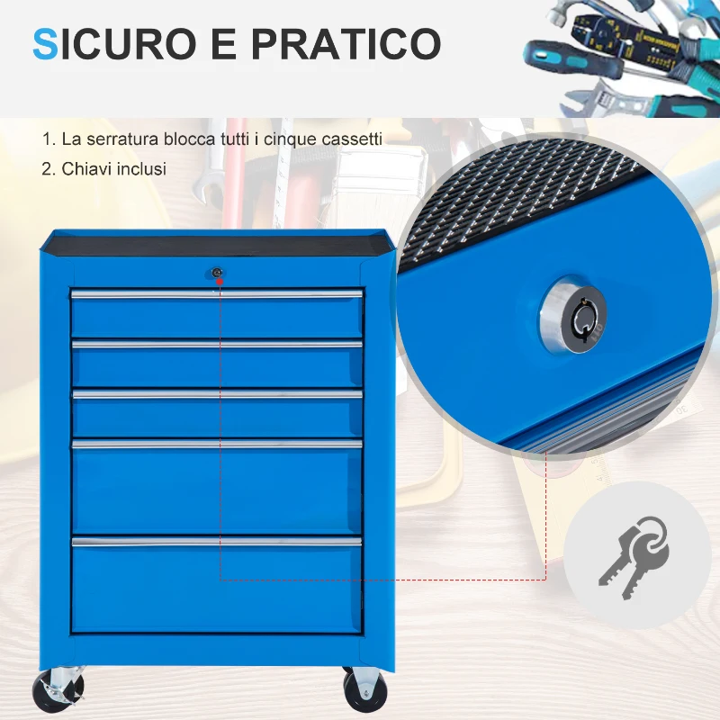 HOMCOM Carrello Porta Attrezzi con 5 Cassetti, Tappetini in EVA, Carrello Officina Portautensili con Serratura e 2 Chiavi, 4 Ruote Girevoli (2 con Freno), Maniglia, in Acciaio per Garage, Blu