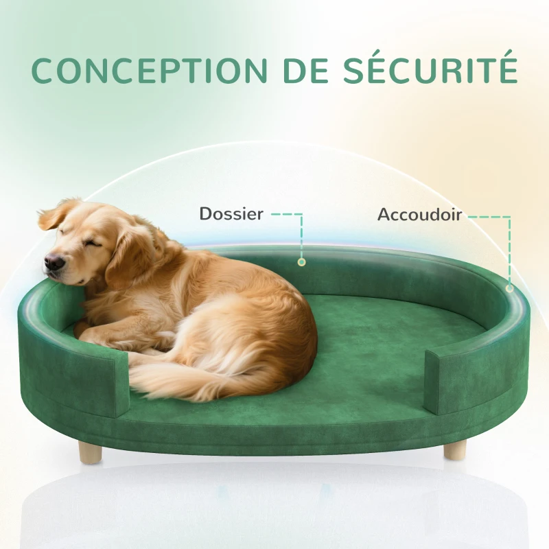 PawHut Canapé pour chien fauteuil pour chat surface en velours avec coussin amovible pieds en bois 100l x 70P x 25H cm vert