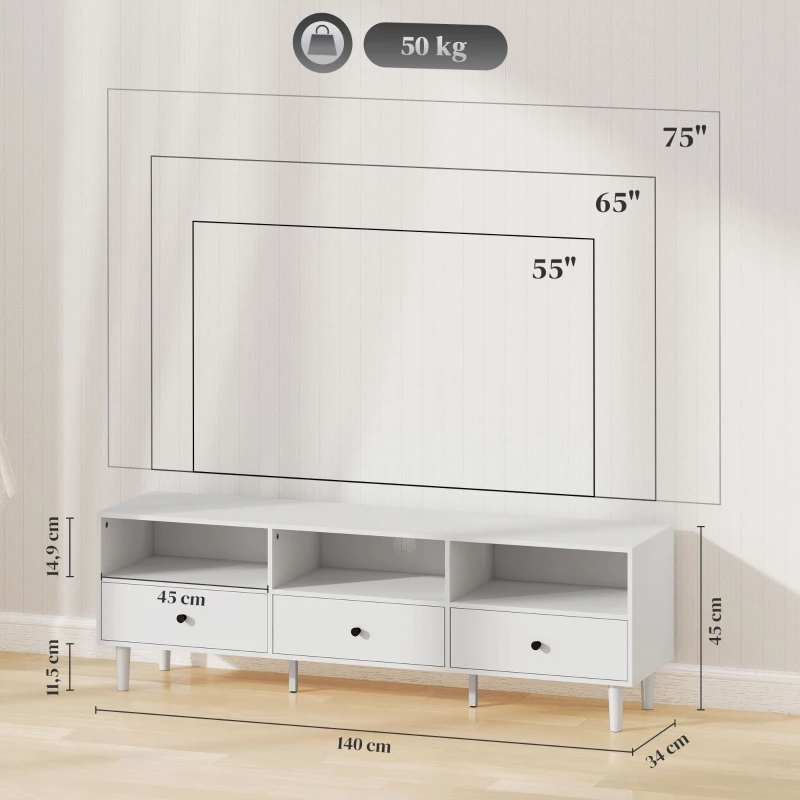 HOMCOM TV-Kommode, TV-standaard voor 190,5 cm schermen, 3 open vakken, 3 laden, spaanplaat, wit