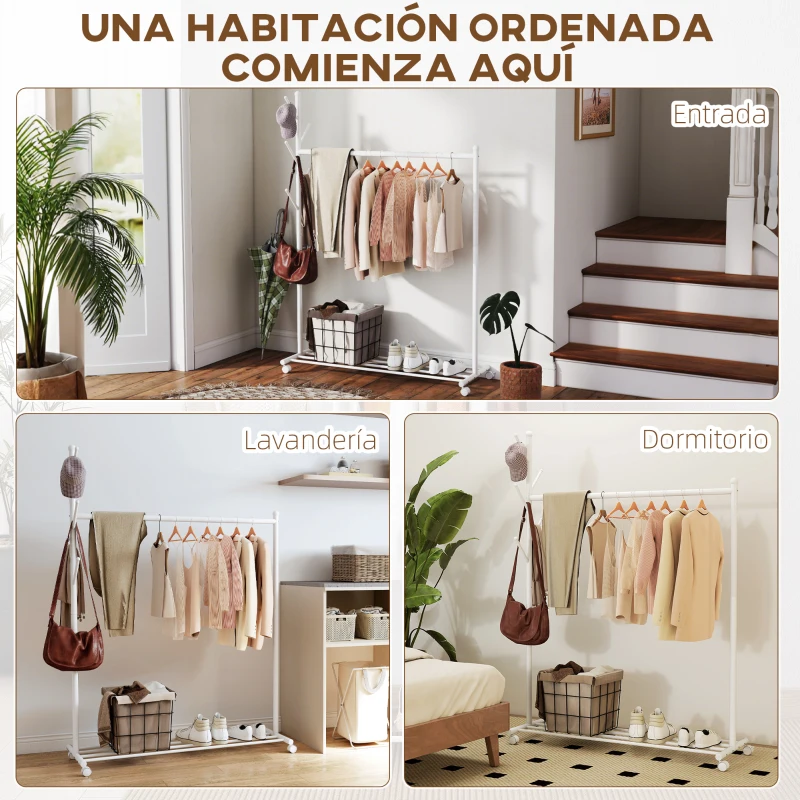 HOMCOM Burro para Ropa con Ruedas 5 Ganchos Barra para Colgar y Balda Inferior para Recibidor Entrada 120x43x171 cm Blanco