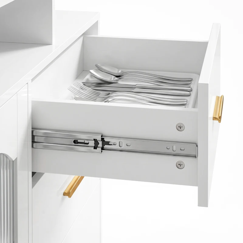 HOMCOM High Gloss Sideboard with LED Lights, Built-in Power Outlets, 3 Drawers, Shelves and 2 Acrylic Doors, White