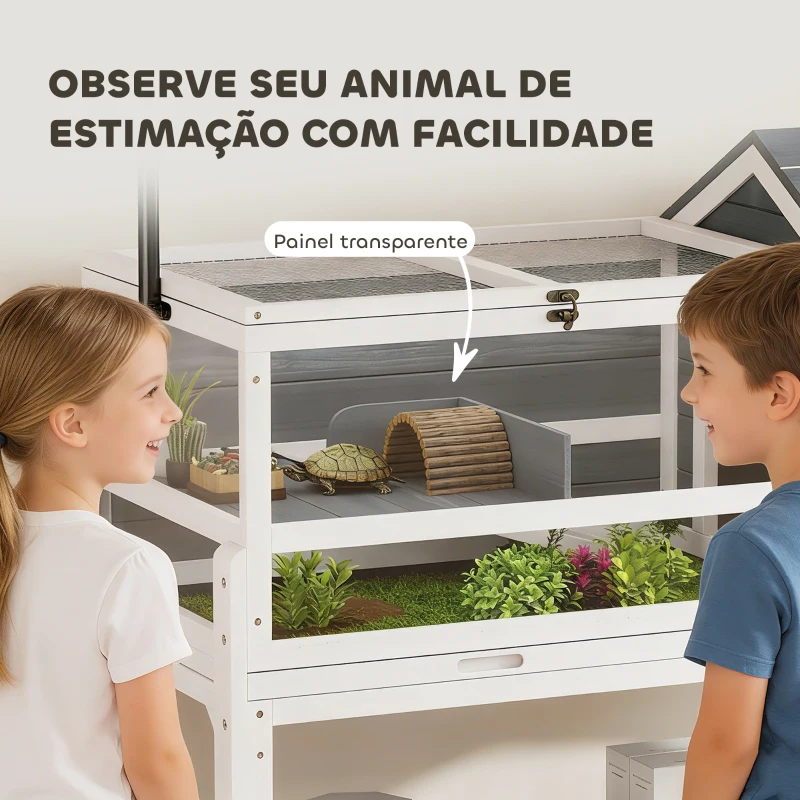 PawHut Casa para Tartarugas de Madeira Terrário para Répteis com Suporte para Lâmpada Ajustável Bandeja Removível 124x55x109 cm Branco e Cinza