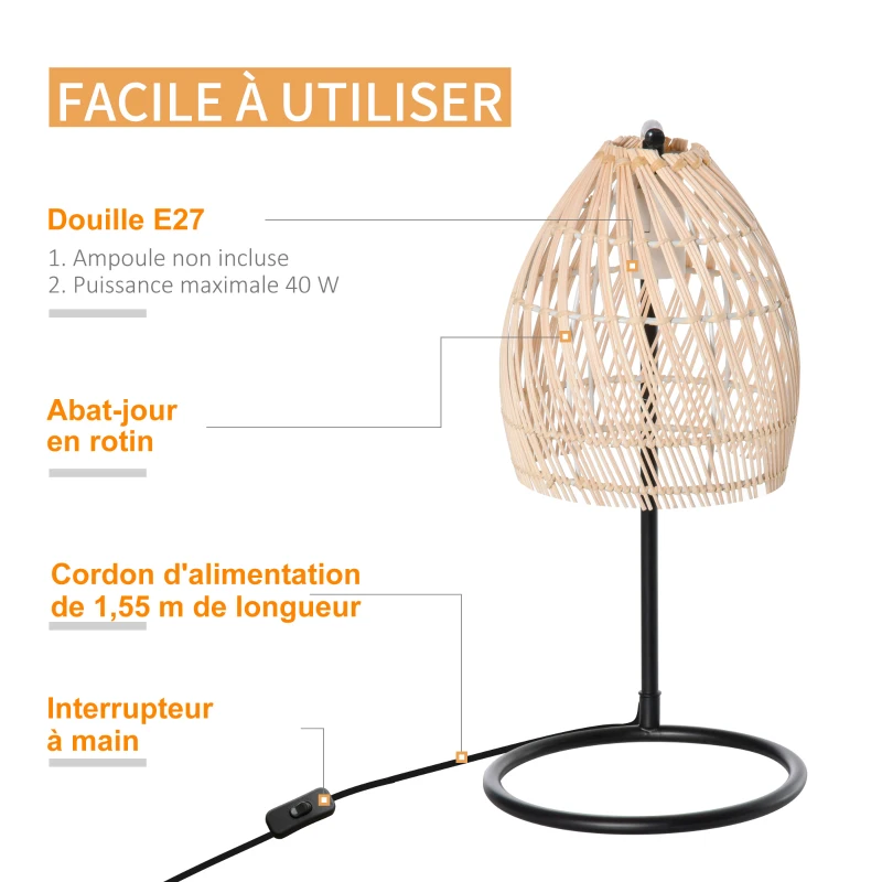 HOMCOM Lampe de table lampe de chevet style vintage rustique abat-jour en rotin Ø 20 x 41H cm beige noir