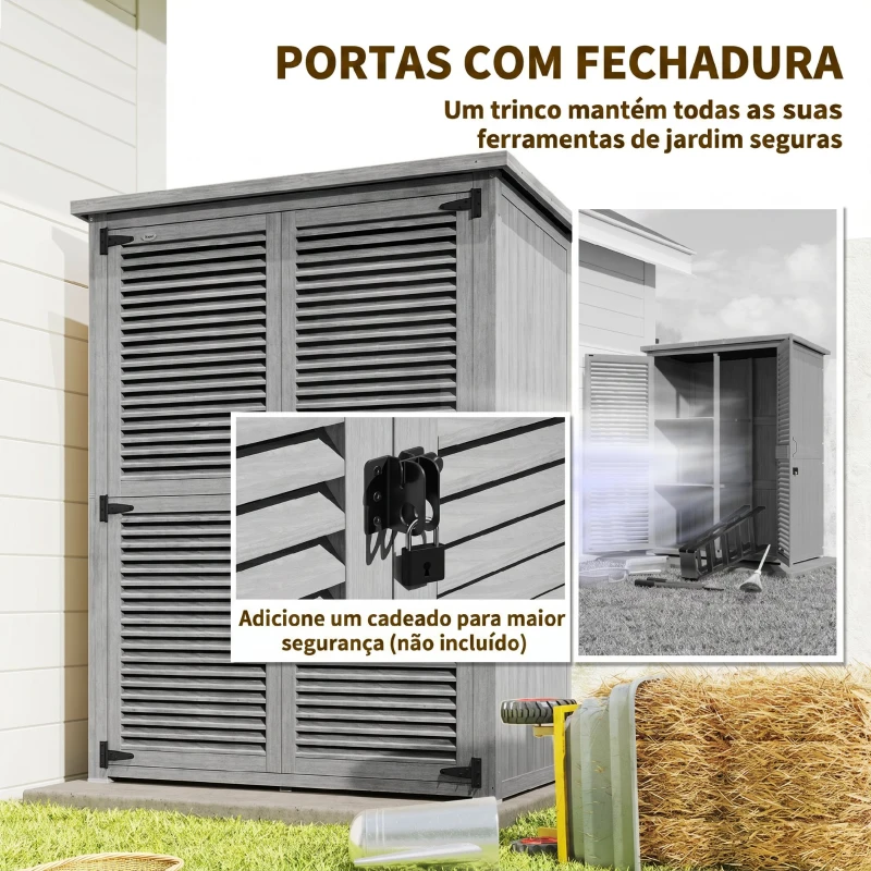 Outsunny Armário de Jardim 0,83 m² 127x65x168 cm com 2 Portas de Persiana 2 Estantes e Telhado Impermeável, Cinzento