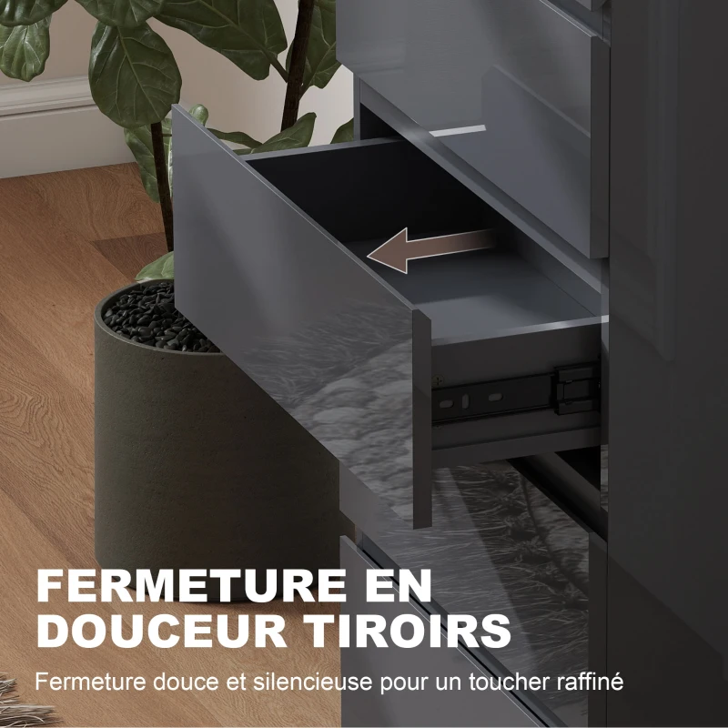 HOMCOM Commode 5 tiroirs, meuble de rangement à haute brillance, fermeture douce et silencieuse, 53 x 34 x 100 cm, gris