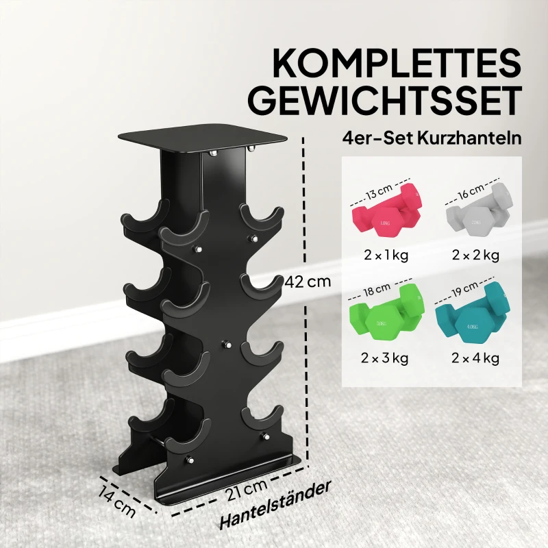SPORTNOW Hanteln Set 4 Paar Kurzhanteln mit Aufbewahrungsständer rutschfeste Griff, 1-4 kg Hexagon