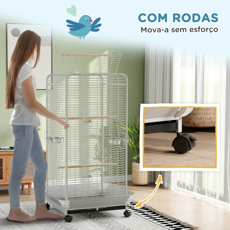 PawHut Gaiola para Pássaros Gaiola para Papagaios com Rodas Poleiros Comedouro e Bandeja Amovível 79x73x146 cm Cinza Claro