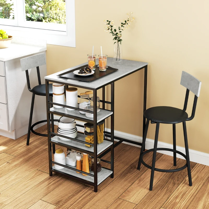 HOMCOM Conjunto de Mesa de Bar con 2 Taburetes Estantes Laterales Asiento Acolchado y Barra para Descanso de Pies Gris Oscuro