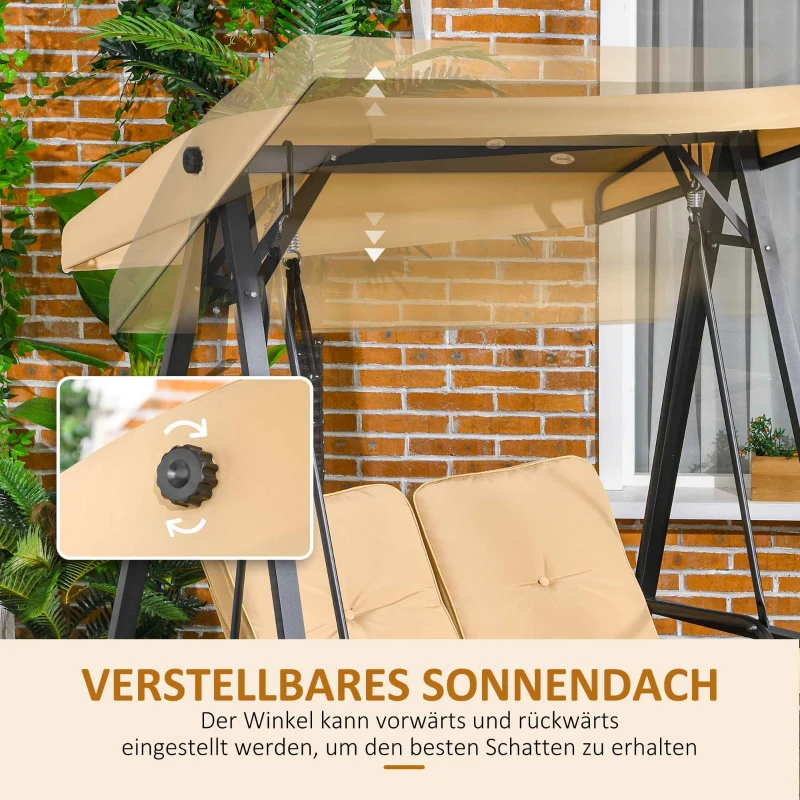 Outsunny Tuinschommel, 2-zits met verstelbaar dak, tot 220 kg belastbaar, 138 x 106 x 174 cm, Beige