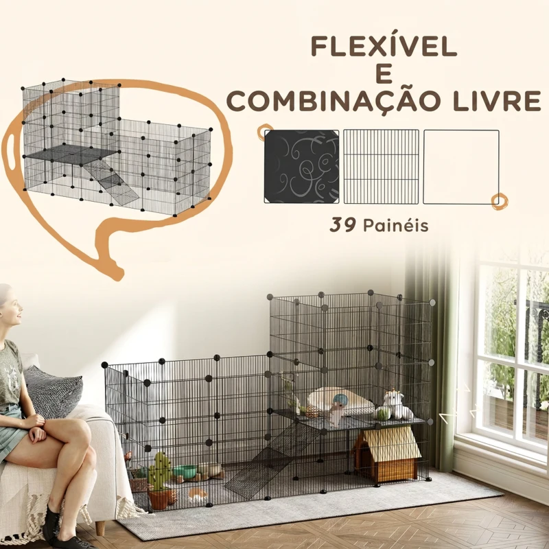 PawHut Cercado Metálico com 39 Painéis para Porquinhos-da-Índia e Ouriços-cacheiros, 2 Níveis, 140x70x105 cm, Preto