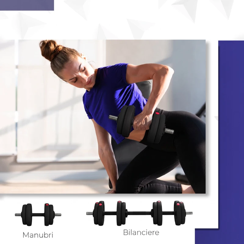 SPORTNOW Set 2 in 1 con 2 Manubri Convertibili in Bilanciere, Peso Totale 15 kg e Dischi Pesi Regolabili, Rosso