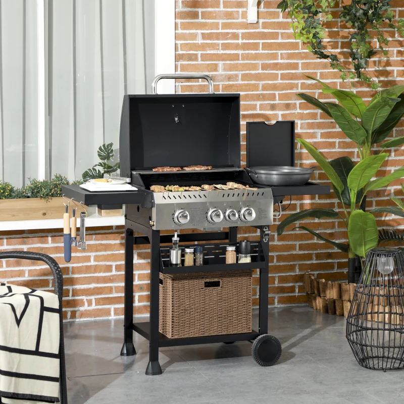Outsunny Gasgrill, BBQ-grill, 4 hoofbranders, 1 zijbrander, 1 warmhoudplaat; 123 x 52 x 101cm, Zwart