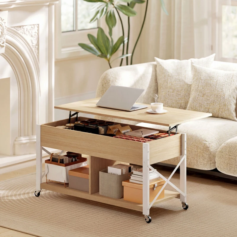 HOMCOM Mesa de Centro Elevatória com Rodas Compartimento Oculto e Prateleiras Abertas 105x50x67 cm Madeira e Branco