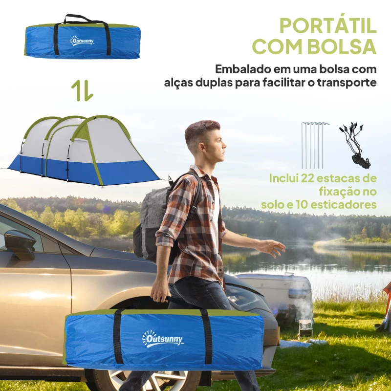 Outsunny Tenda de Campismo Dobrável para 3 Pessoas com 2 Quartos e Bolsa de Transporte 420x200x150 cm Azul Escuro e Verde