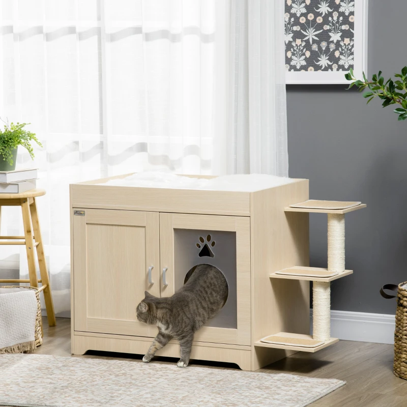 PawHut Caixa de Areia para Gatos de Madeira com Cama Almofada Suave 3 Plataformas e Postes de Sisal 107x54x70cm Carvalho