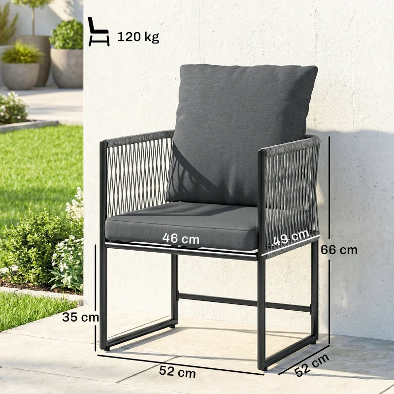 Outsunny Tuinstoel set van 2 weerbestendige tuinstoelen van staal en PE-rattan met kussen armleuning rugleuning 52x52x66 cm Donkergrijs