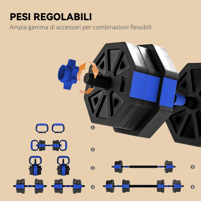 SPORTNOW Set Pesi Palestra 6 in 1 Multifunzione da 20kg Totali in Plastica e Sabbia, 125x18x18 cm, Blu