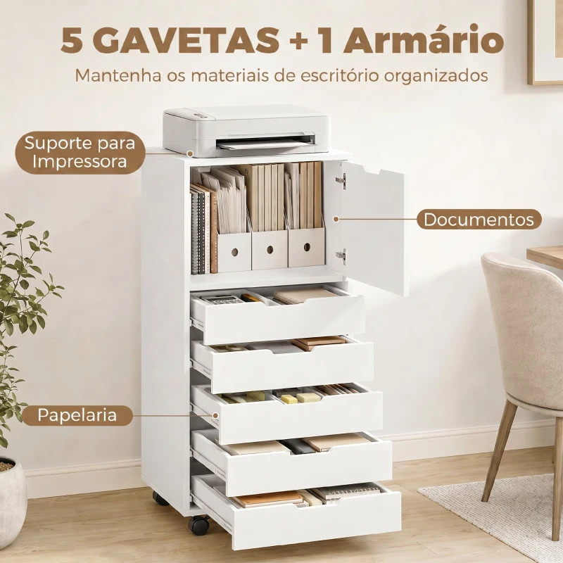 HOMCOM Gaveteira de Escritório com 5 Gavetas, Armário com Fecho Suave, Rodas e Suporte para Impressora, Branco