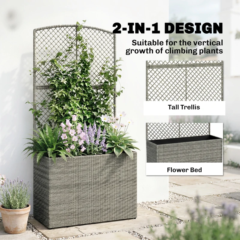 Outsunny Rattan Planter with Trellis, Raised Beds for Garden with Liner for Climbing Plants Vegetables Flowers, Dark Grey