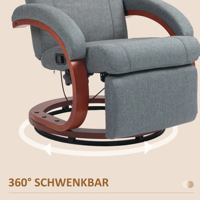 HOMCOM Relaxfauteuil met Opklapbare Voetensteun, Draaibaar, Kantelbare Rugleuning, Linnenlook, Tot 140 kg, Grijs(m-6)