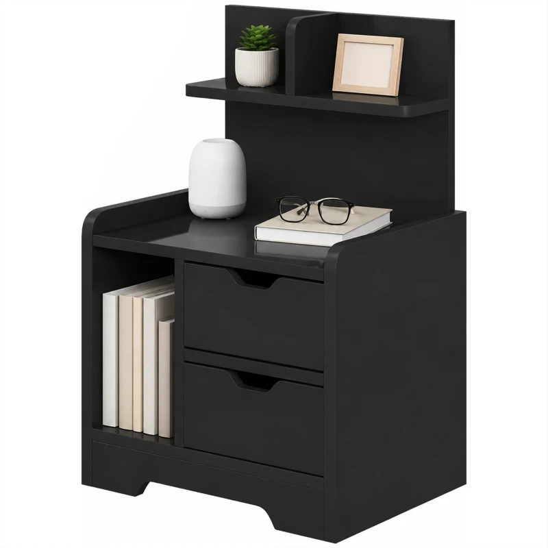 HOMCOM Bedside Table, Small Bedside Cabinet with 2 Drawers and Storage Shelves for Bedroom, Black Wood Effect