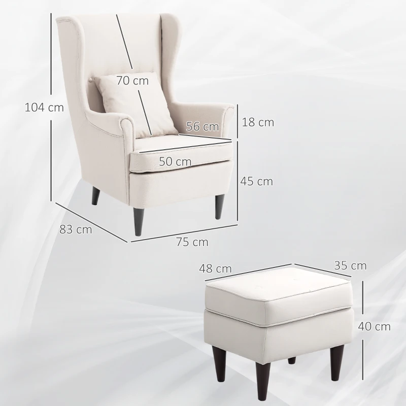 HOMCOM Poltrona com Apoio para Pés Poltrona de Leitura com Encosto Alto Capitonê e Pés de Madeira 75x83x104 cm Bege