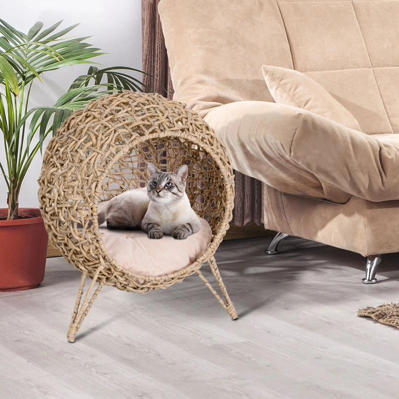 PawHut Cesta Rialzata per Gatti Fino a 10kg in Rattan PE Marrone (Φ52x58cm)