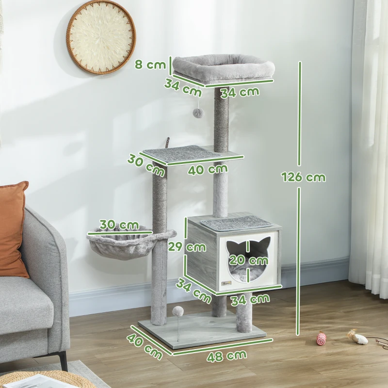 PawHut Arranhador para Gatos com Plataforma Rede Caverna Cama Postes de Sisal e Bolas de Brincar 48x40x126 cm Cinza