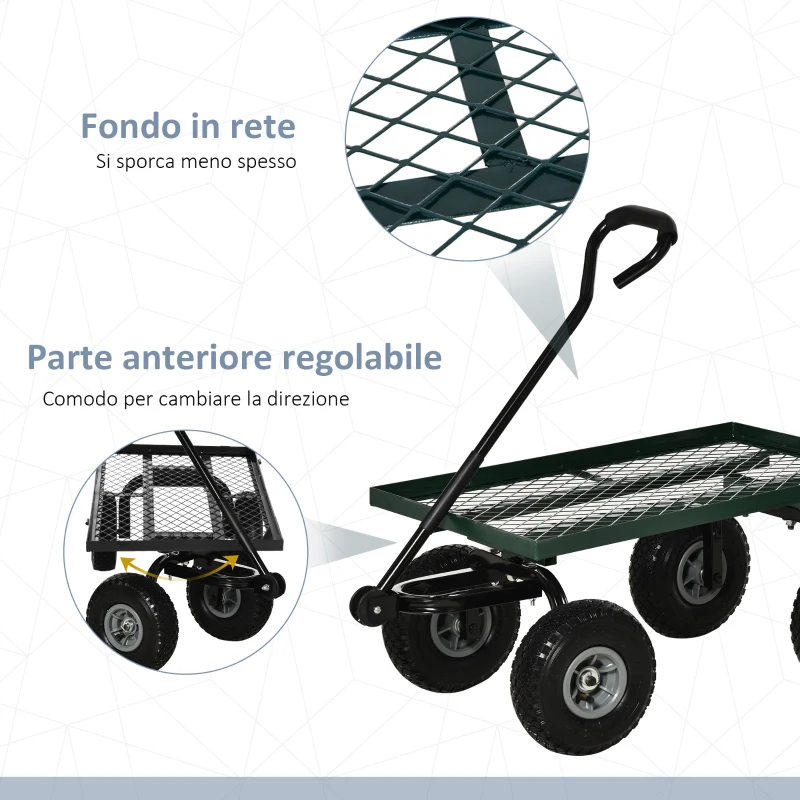 Outsunny Carrello da Giardino in Acciaio con Capacità 150 kg e Maniglia Rivestita, 94x48.5x100 cm, Nero e Verde