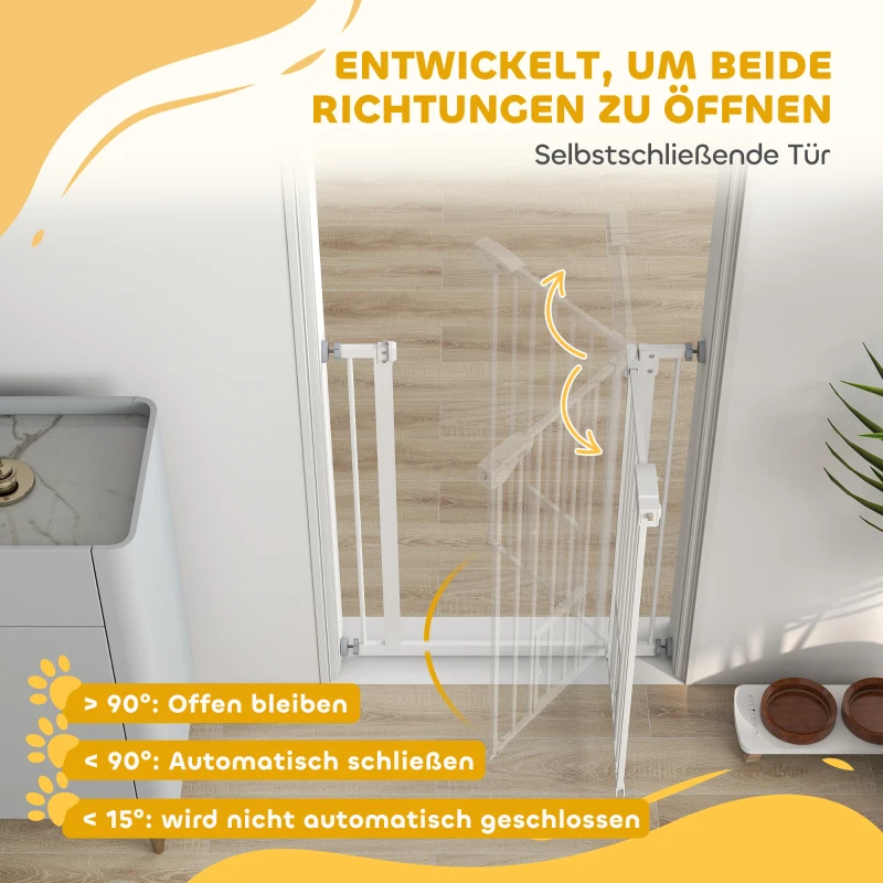 PawHut Deurhekje met Kattenluikje, Montage Zonder Boren, Variabele Breedte 74-80 cm, Met Één Hand Te Openen, Metaal, Wit