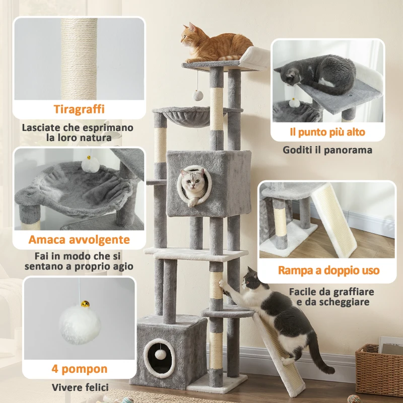 PawHut Albero Tiragraffi per Gatti con 2 Casette, Rampa, Trespoli e 4 Palline, 48x40x165 cm, Grigio e Bianco