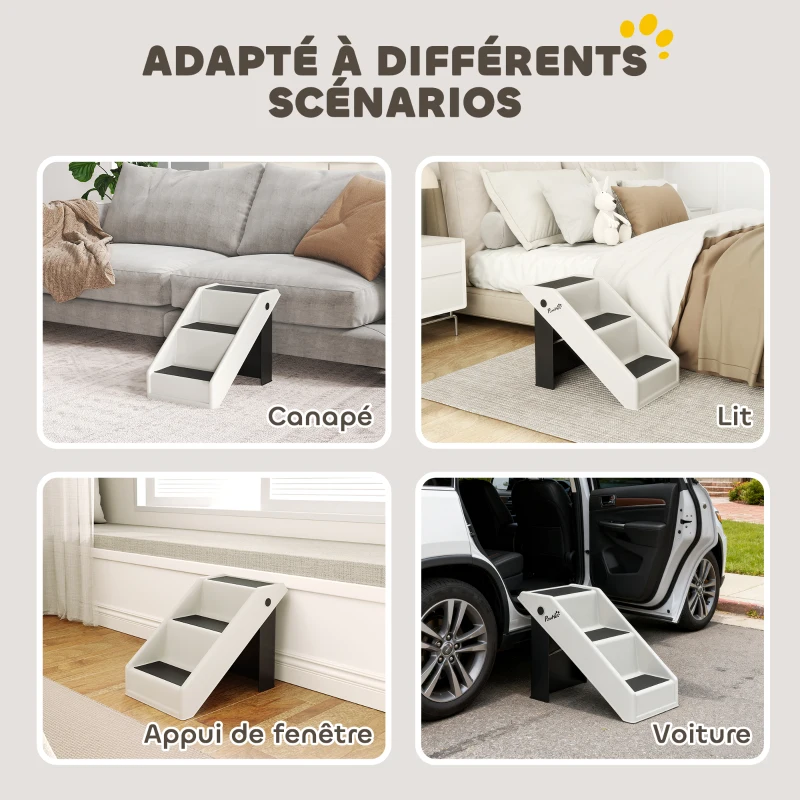 PawHut Escalier pour chien pliant à 3 marches antidérapantes escalier pour animaux en plastique 53 x 30,5 x 36,5 cm crème