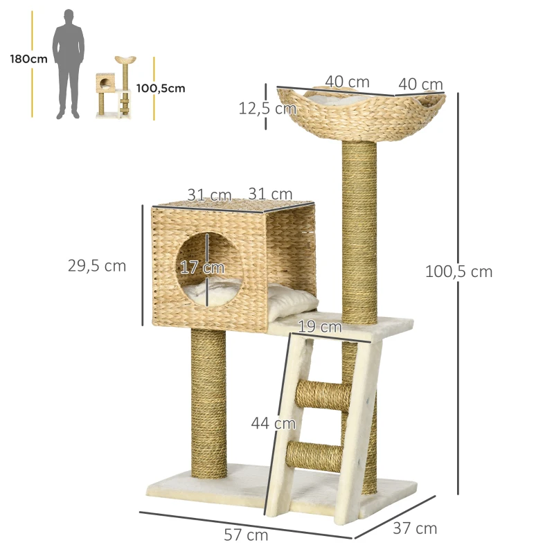 PawHut Krabpaal met Kattenhuis, Sisal Krabpalen, Wasbare Kussens, 100,5H x 57L x 37B cm, Wit/Natuur