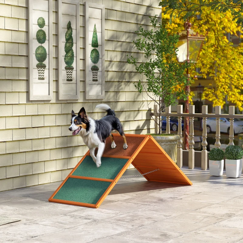 PawHut Agility Hunderampe, klappbar, verstellbare Höhe, rutschfest, Tannenholz, bis 40 kg, 173 x 59 x 66 cm, Orange/Grün(m-10)