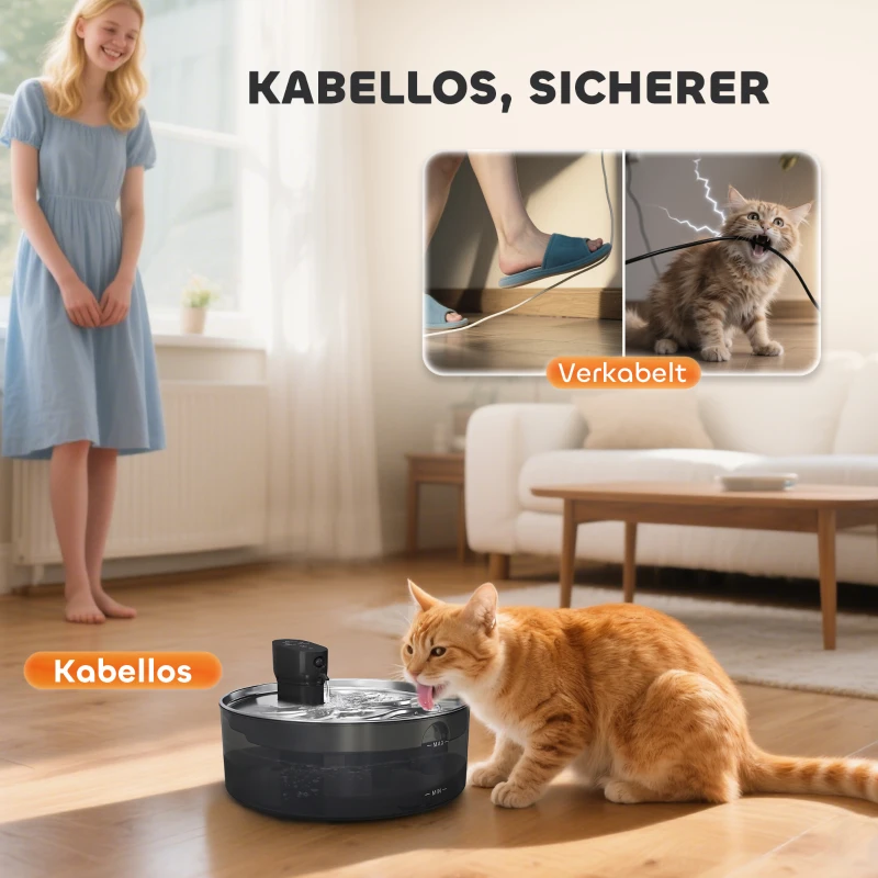 PawHut Katzenbrunnen 7L Trinkbrunnen für Katzen mit leiser Pumpe LED Aktivkohlefilter Edelstahl 30,6 x 30,6 x 17,2 cm