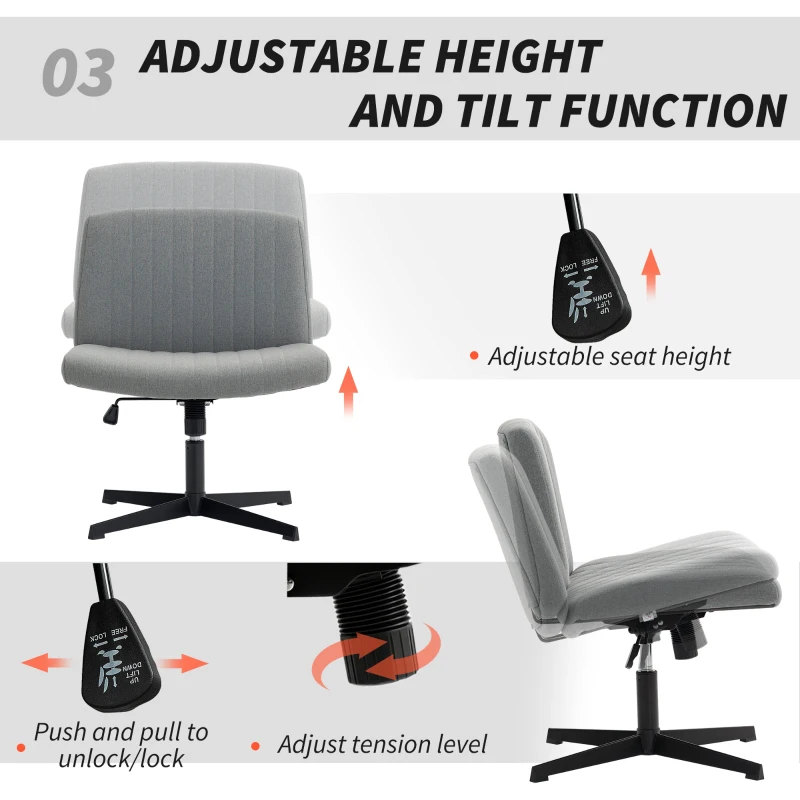 HOMCOM Armless Office Chair No Wheels, Linen Fabric Criss Cross Legged Desk Chair with Wide Seat, Thick Padding, Rock Function, Height Adjustable Swivel Computer Seat for Home, Grey